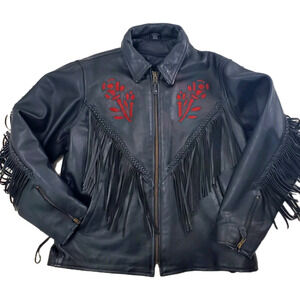 USA Biker's Dream Leather Black Motorcycle Jacket Red Roses Tassels Fringe XXL